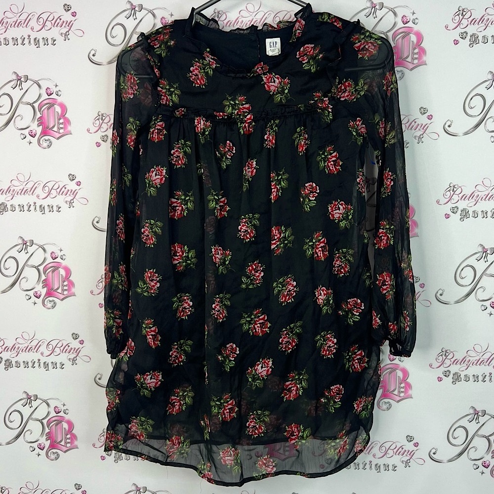 GAP dress roses flowers ruffle bubble sleeve Black Floral Sheer Blouse